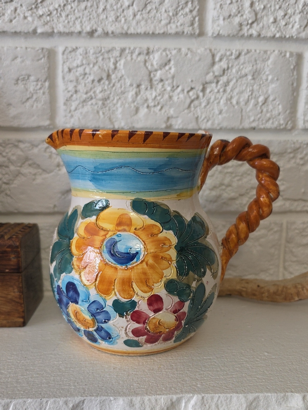 Vintage Italian Majolica Hand-Painted Floral Ceramic Pitcher - Multicolor 1970